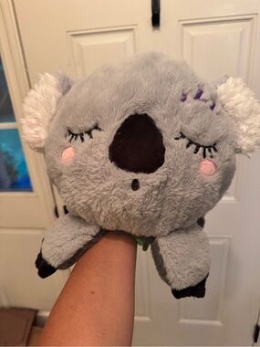 Gray Reversible Koala Plush Head with Green Leaf Accent